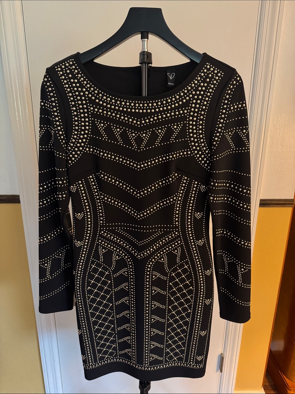 Black Studded Long-Sleeve Bodycon Dress